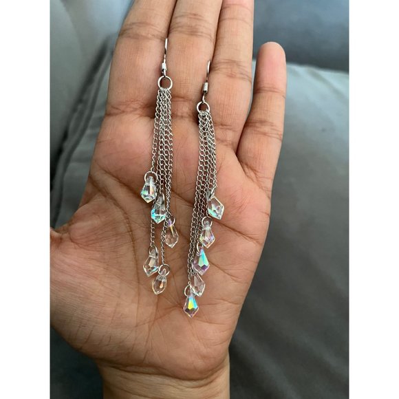 Long Aurora borealis earrings silver chain iridescent rainbow chandelier - Picture 3 of 4